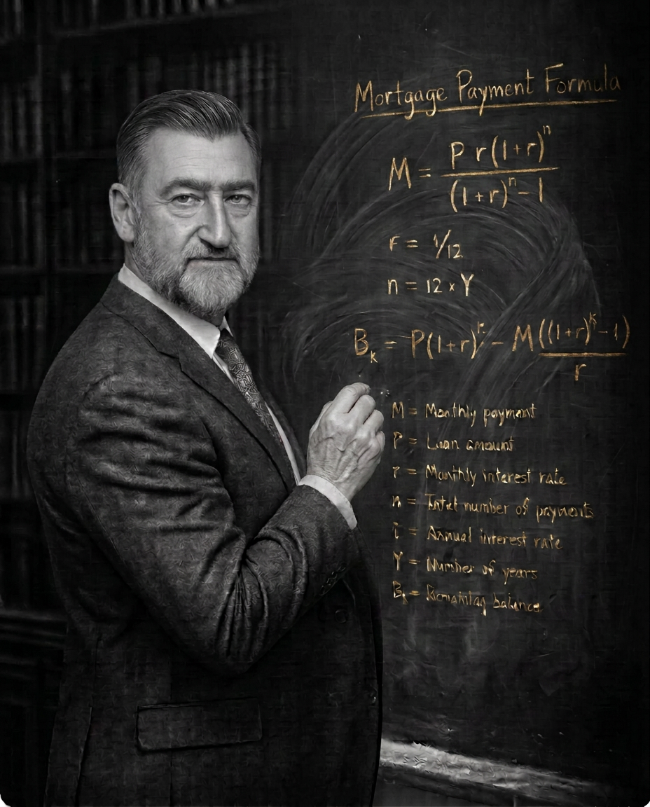 Professor writing mortgage equations on a chalkboard